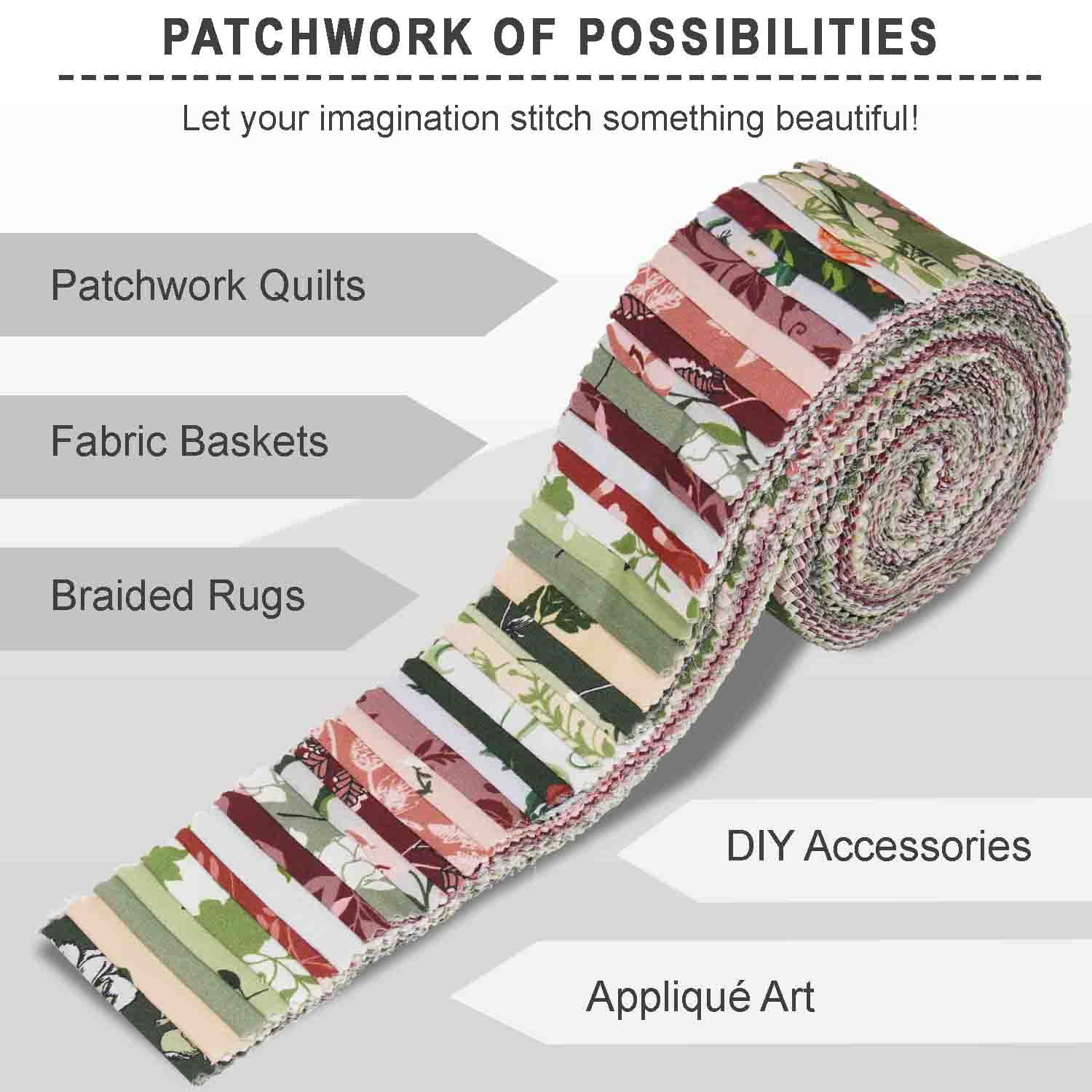 Jelly Roll Fabric Strips for Quilting, 2.5" Precut for DIY, 40 Strip Assorted Bundle, Perfect Quilting Fabric for Sewing, Jelly Roll For Scrapbooking, Craft, Home Dcor, Rug - Floral Whimsy