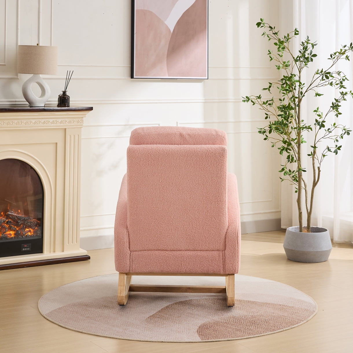 Sherpa Rocking Chair for Nursery with High Back and Side Pocket, 27.2 Inch Glider Accent Armchair with Rubber Wood Legs for Living Room or Bedroom, Pink