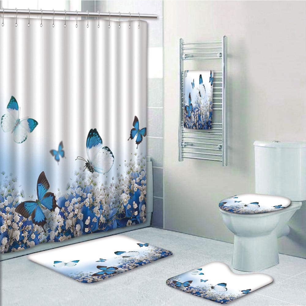 Vintage Butterflies and Blue Flowers Shower Curtain Toilet Cover Rug Contour Rug 