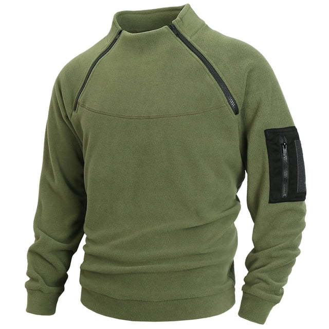 Xfvqtps Hommes Polaire Demi-Fermeture à Glissière Patchwork Chandail Manches Longues Col Rabattu Col Montant Demi-Col Manteau Vert Armée