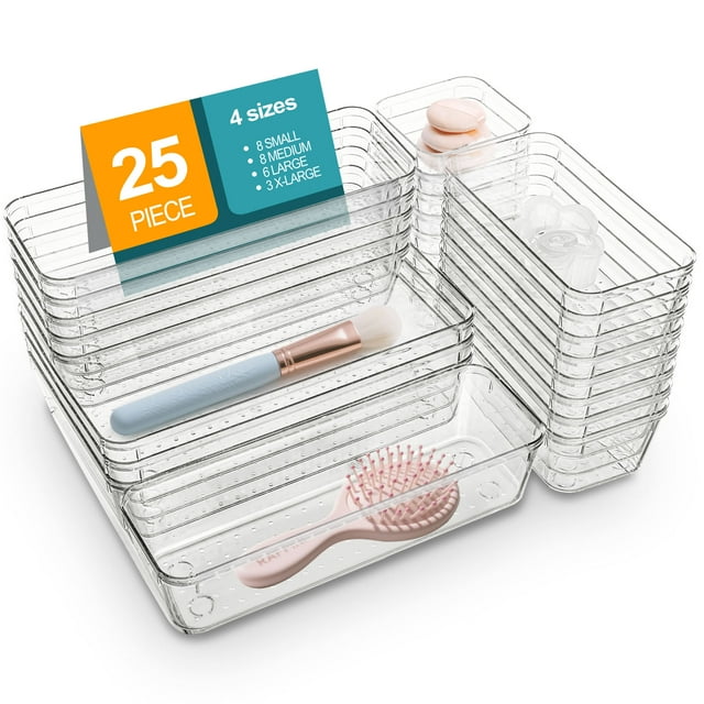 Stelive 25-Piece Clear Plastic Drawer Organisers Set, 4-Size Versatile Bathroom and Vanity Organiser Trays, Non-Slip Storage Containers & Bins