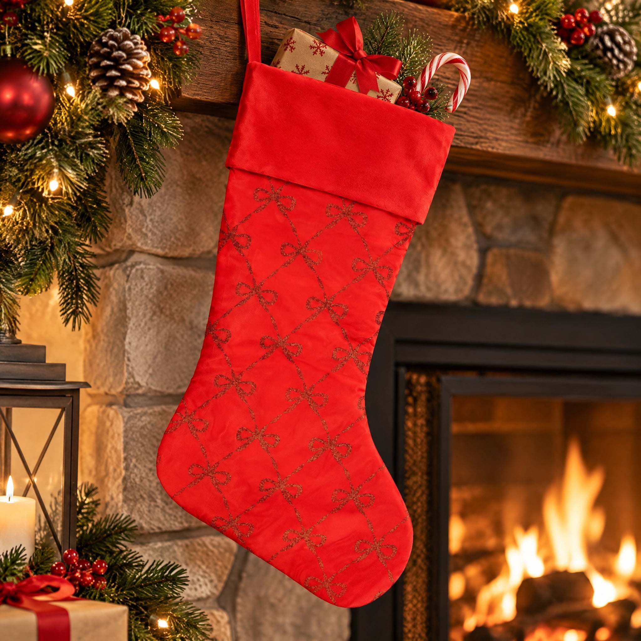 Satin Glitter Bow Christmas Stocking, Red and Gold, 19", by Holiday Time