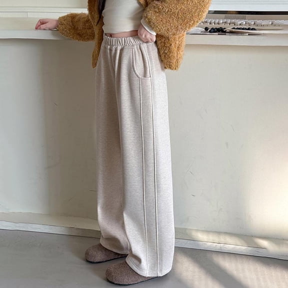 Girls Wide Leg Sweatpants Baggy Elastic High Waisted Casual Preppy Trousers Cute Teen Girls School Uniform Pants Beige 13-14 Years