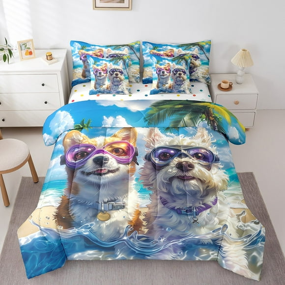 Erosebridal Cute Corgi Dog Bedding Queen Size, Summer Hawaiian Beach Comforter Sets with Sheets, Pet Lovers Bedroom Decor, Reversible 7-Piece