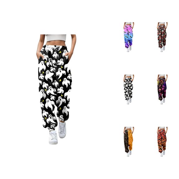 Halloween Pants Women Elastic Waist Drawstring Relaxed Fit Funny Print Joggers Sweatpants with Pockets