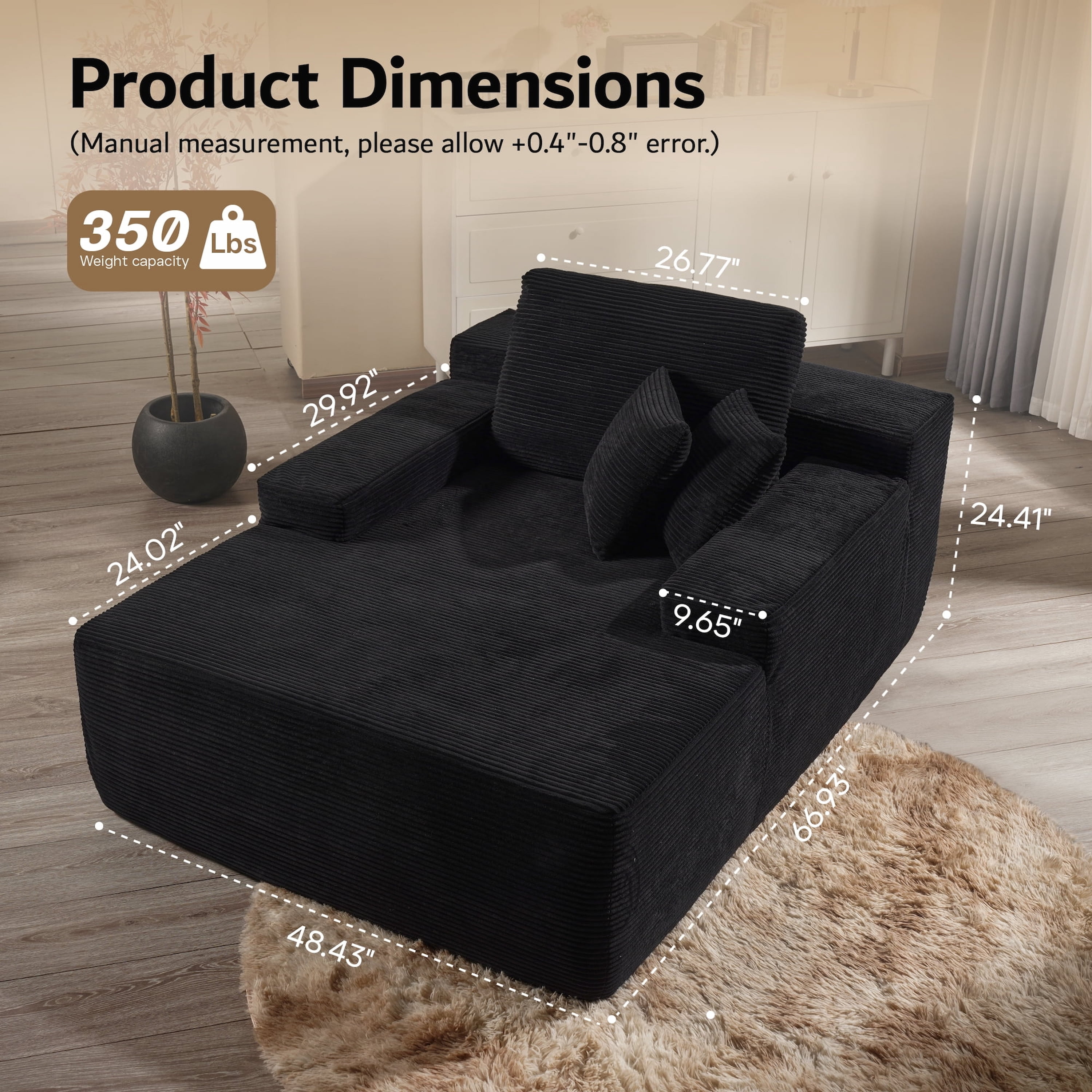 Vcatnet 67"x48" Chaise Lounge Chair Indoor Oversized Lounge Couch Upholstered Corduroy Sofa Bed for Living Room and Bedroom, Black