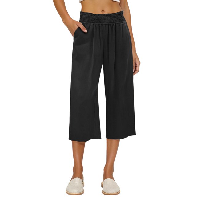 Womens Cargo Pants With Pockets Solid Color Wide Leg Pants High Waisted Drawstring Pocket Cropped Travel Pants For Women Black S