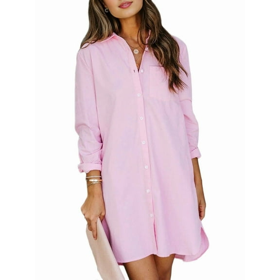 Women'S Casual Loose Fit Long Sleeve Solid Striped Button Down Shirts Dresses Pink L