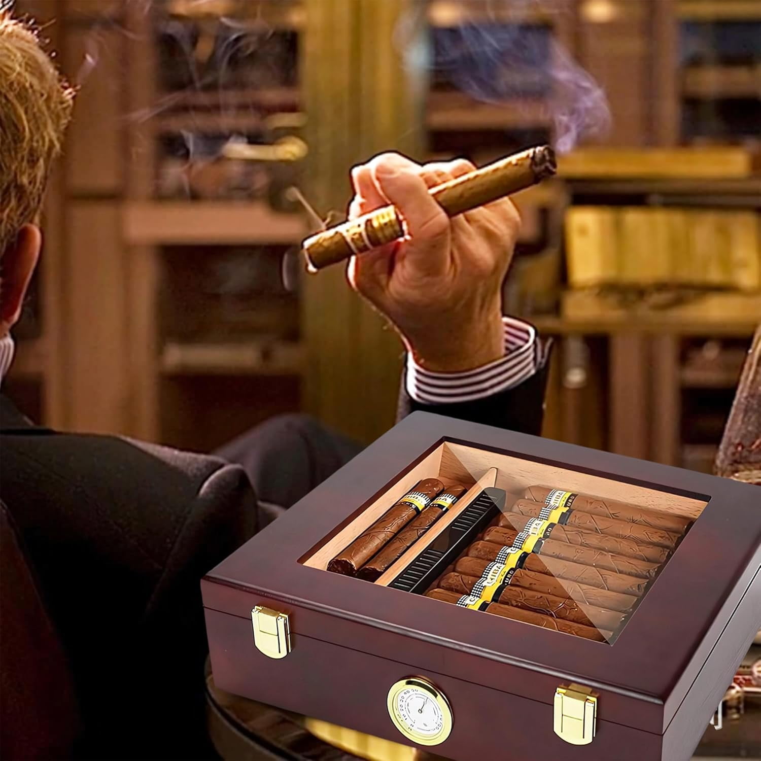 Humidor Cigar Box for Men:Cedar Wood Cigar Box,Cigar Humidor with Humidity Monitoring System,Cigar Case for Men for Holding 25-30 Cigars,Cigar Accessories for Men,10 * 8 in