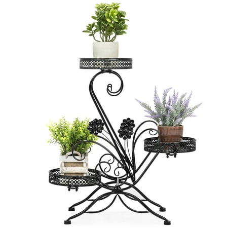 Flower Pot Covers Best Choice Products 3-Tier Freestanding Decorative Metal Plant and Flower Pot Stand Rack Display for Patio, Garden, Balcony, Porch w/ Scrollwork Design ()