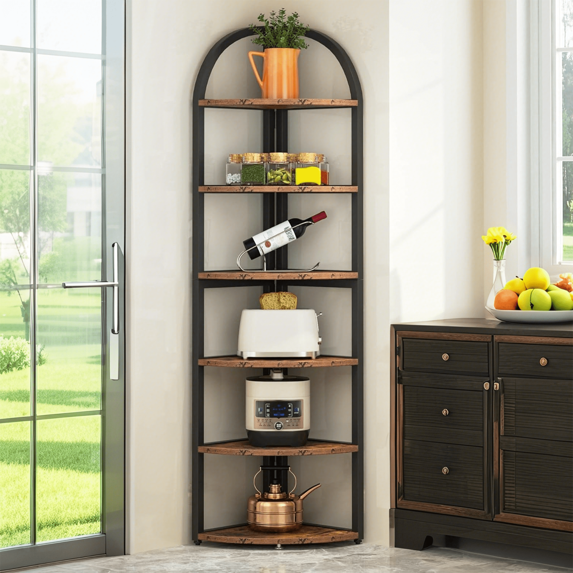MAYEERTY Fan-Shaped 6-Tier Corner Storage Shelf, 71" Freestanding Display Rack, Multi-Purpose Bookshelf & Plant Stand for Compact Rooms