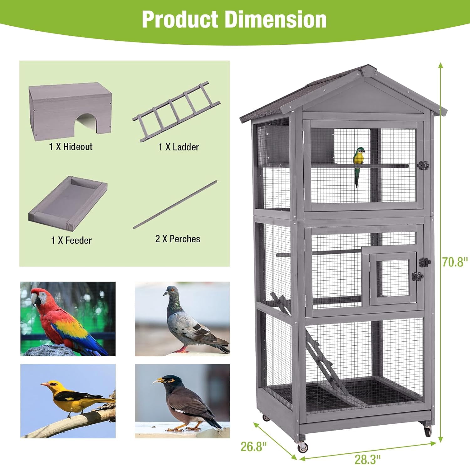 Aivituvin Large Bird Cage Outdoor Wooden Aviary Indoor on Wheels, with Play Stand, Perches, Nest Habitat & Wire Mesh Tray for Easy Cleaning