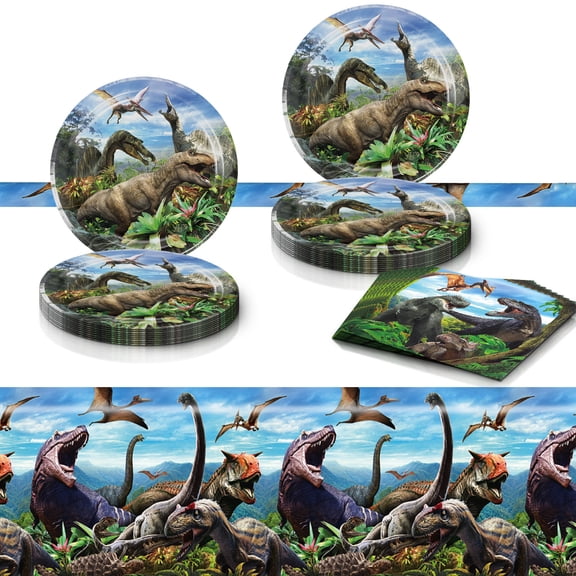 20 Guests Dinosaur Birthday Party Supplies Dino Theme Tableware Set Dinosaur Plates Tablecloth Party Plates and Napkins  for Baby Shower Jurassic Theme Table Cover Dinnerware Dinosaur Party Favors