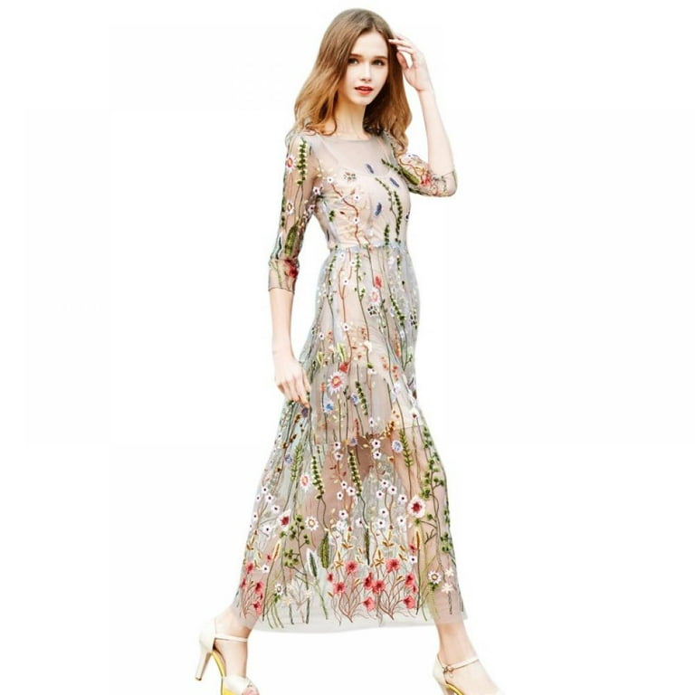 Floral mesh top embroidered dress