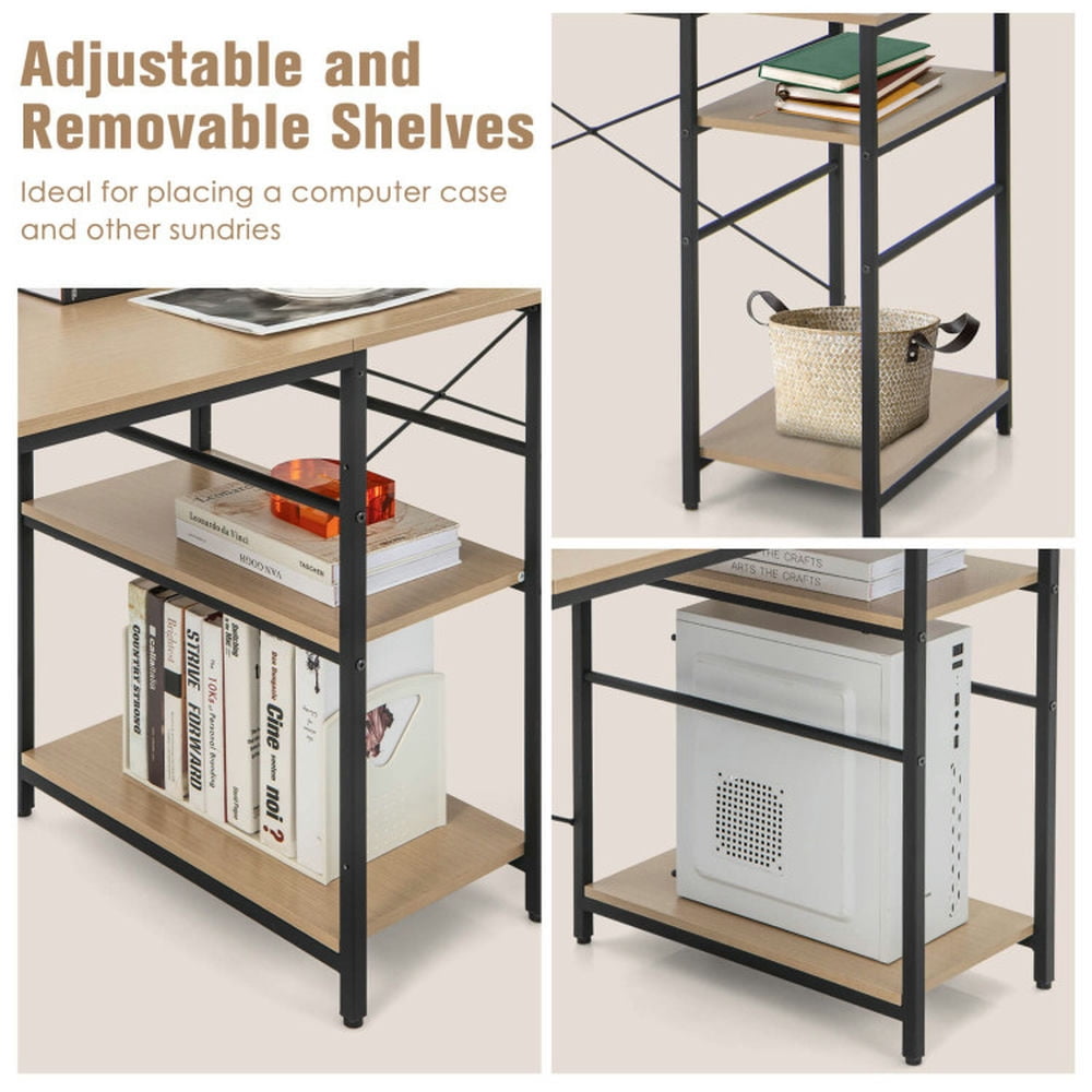 Demi Bonn L Shaped Computer Desk with 4 Storage Shelves and Cable Holes, Small Home Office Desk Study Writing Table, Natural