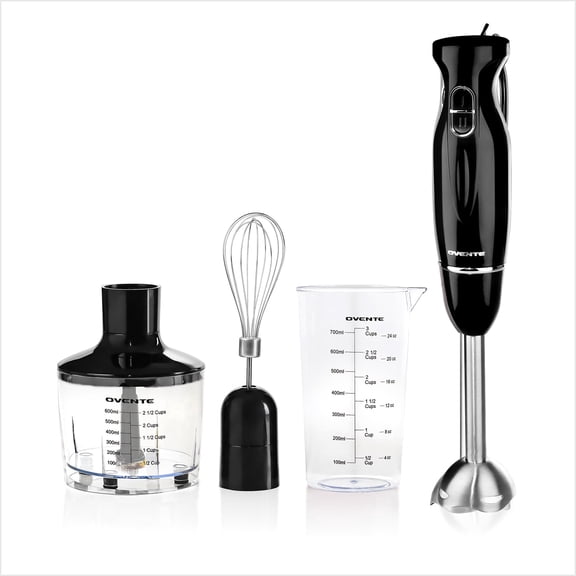 OVENTE Electric Hand Blender Set with 2 Mixing Speeds, 300W Black HS565B | Corded Immersion Handheld Stick Mixer with Stainless Steel Blades, Egg Whisk, Beaker & BPA-Free Food Chopper