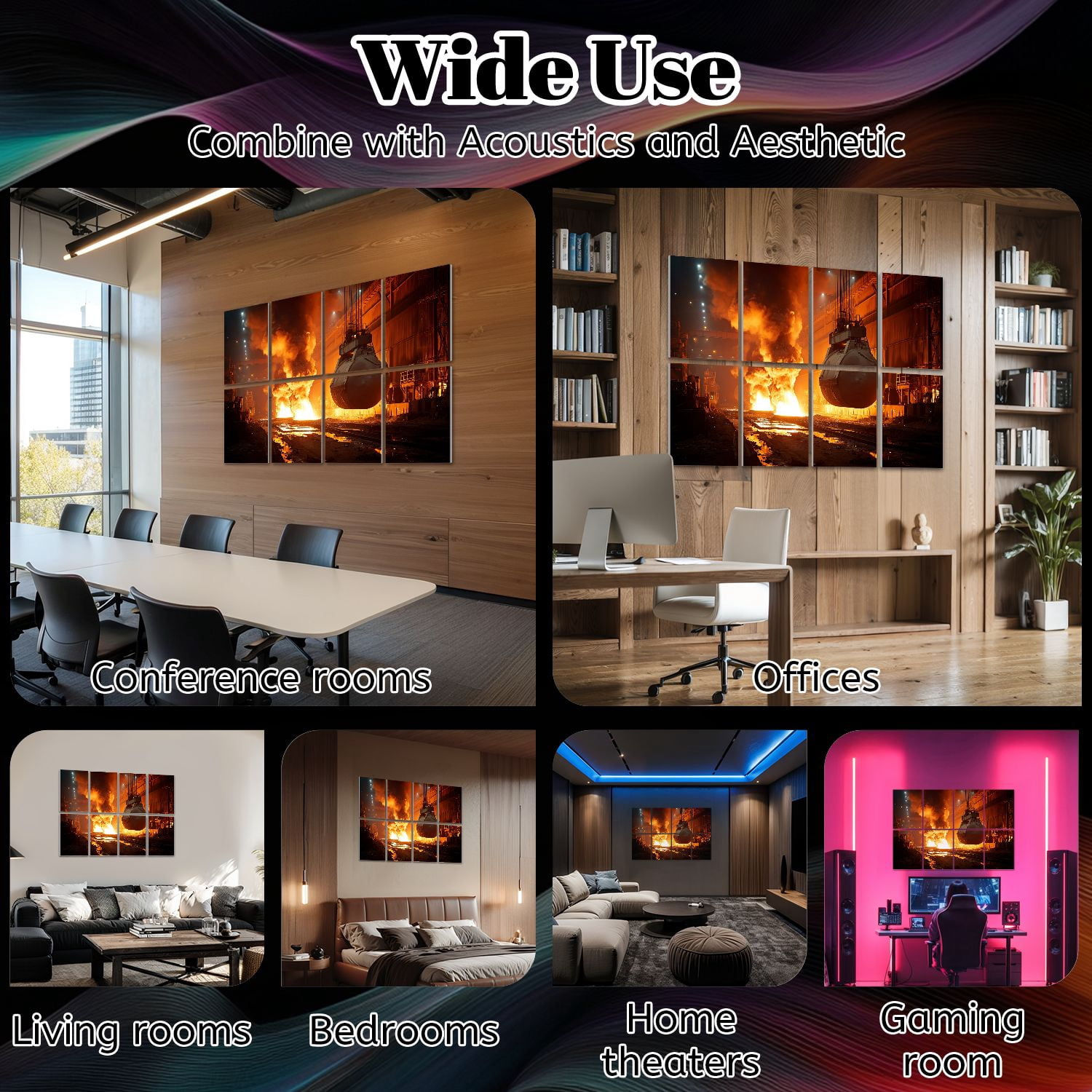 8 Pack Art Acoustic Panels Sound Absorbing Metal smelting furnace steel mills Decorative Soundproof Wall Panels Self Adhesive for Nursery Game Room Bedroom 48"x32"