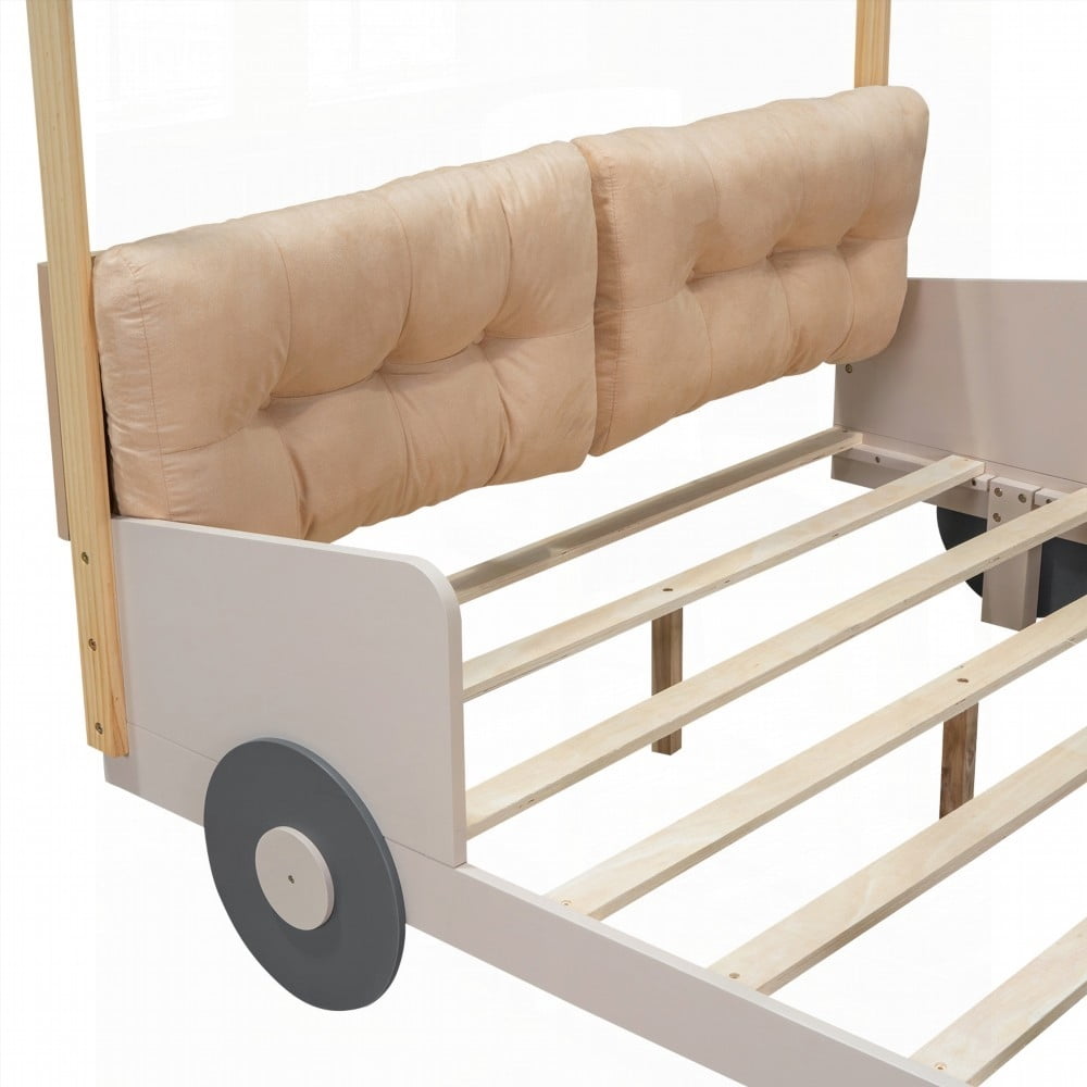 Full Size Wood Car Bed with Pillow & LED Lights, Natural & Sturdy
