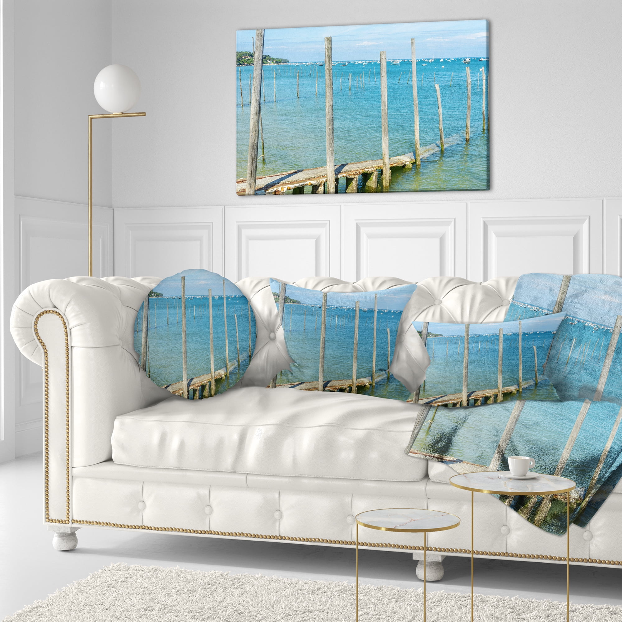 Designart Wooden Piers by Blue Sea - Seascape Throw Pillow - 12x20