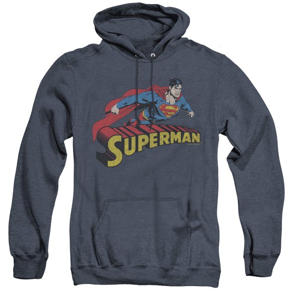 Superman Flying Over Adult Heather Hoodie Sweatshirt Navy
