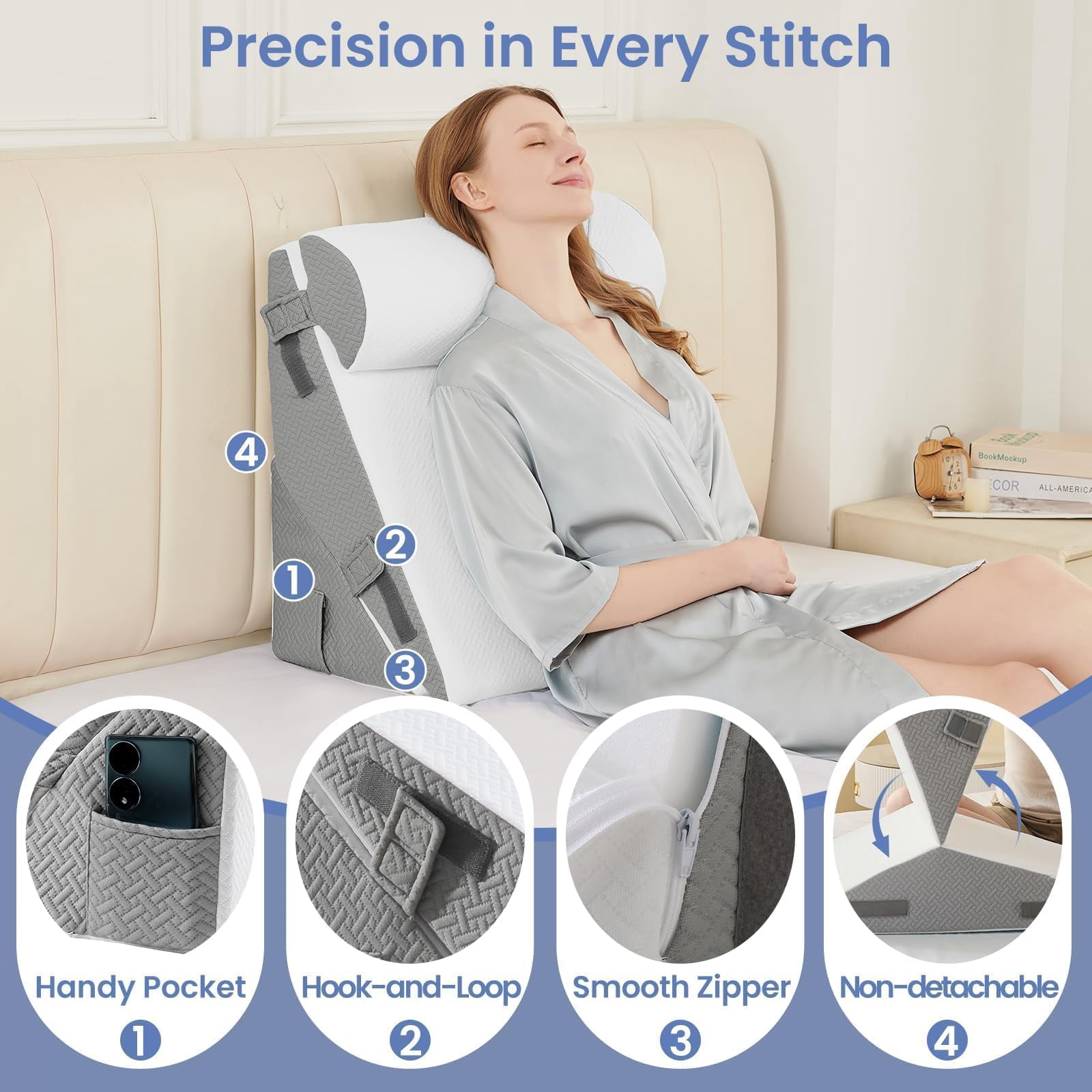 Wedge Pillow Set For After  2pcs Adjustable Bed Headboard With Memory Foam Neck Cushion - Acid Reflux Sleeping & Support Dark Grey White