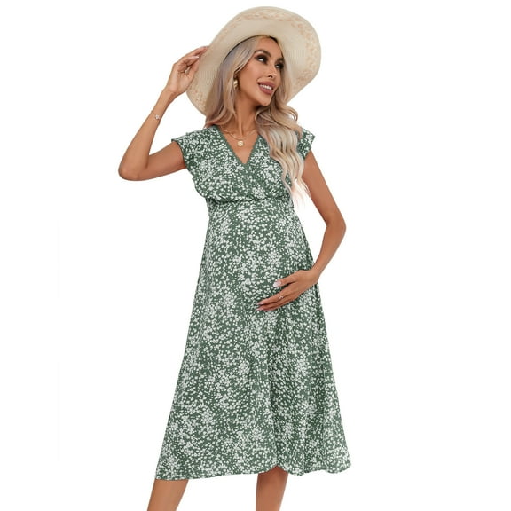 Yesfashion Women's Maternity Dress V Neck Ruffle Sleeve Wrap Summer Casual Floral Flowy Maxi Dress