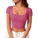 thumbnail image 1 of Camisa corta para mujer, cuello bajo, manga corta, dobladillo curvo, top ajustado, camisa de verano de color puro, rosa rojo L, 1 of 8