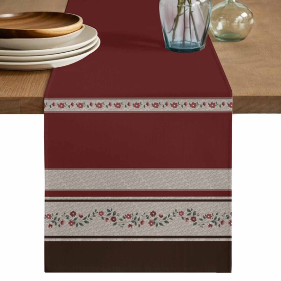Red Floral Table Runner 36 Inches, Modern Farmhouse Leaves Brown Striped Bed Runner Dresser Scarves Tabletop for Indoor Outdoor Parties/Ceremony/Banquet, 13"x 36"