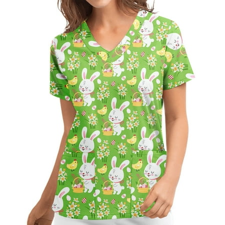 LSLJS Women Easter Nursing Scrubs Top Egg Rabbits Print T Shirt V-Neck ...