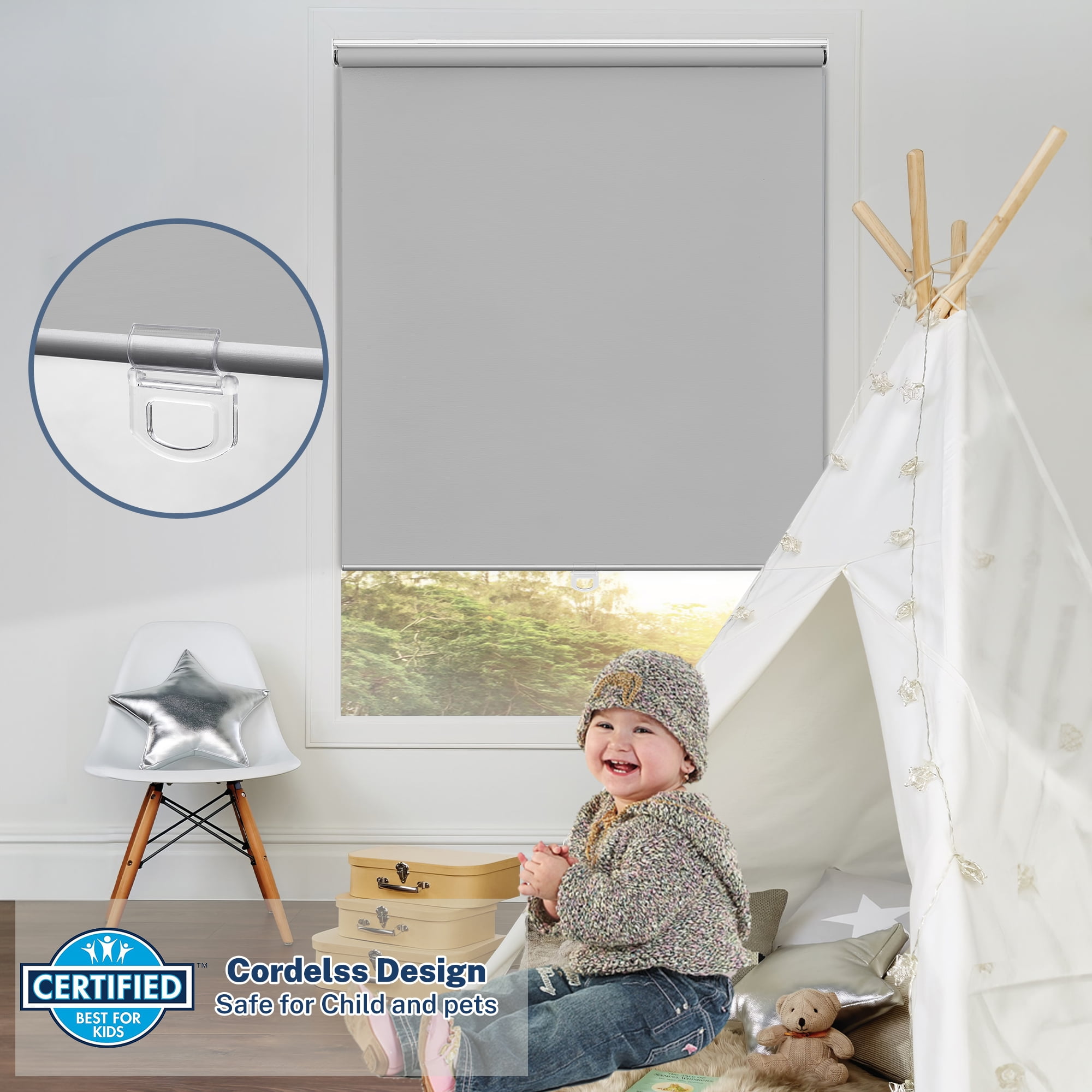 Keego Cordless Roller Blinds for Window 100% Blackout Privacy Bedroom Shade UV Protection Blinds for Office and Home, Light Gray, 34"W x 64"H
