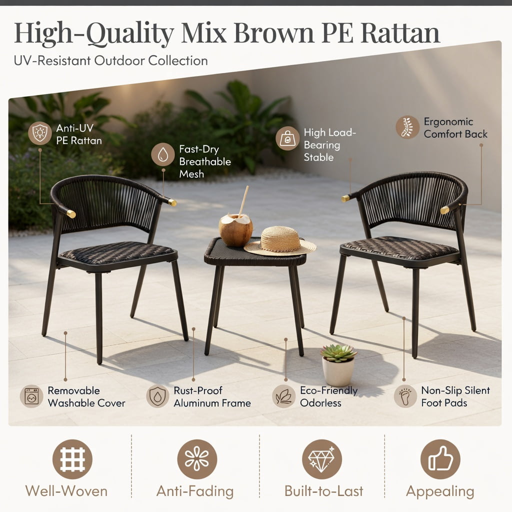 Hommoo 3-Piece Outdoor Rattan Patio Furniture Set, PE Wicker Chairs with Metal Frame & Tempered Glass Coffee Table for Backyard, Poolside, Balcony, Brown