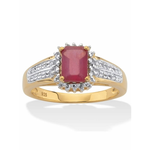 PalmBeach Jewelry Emerald-Cut Ruby and White Topaz Two-Tone Double-Row Halo Cocktail Ring 3.15 TCW Gold-Plated Sterling Silver