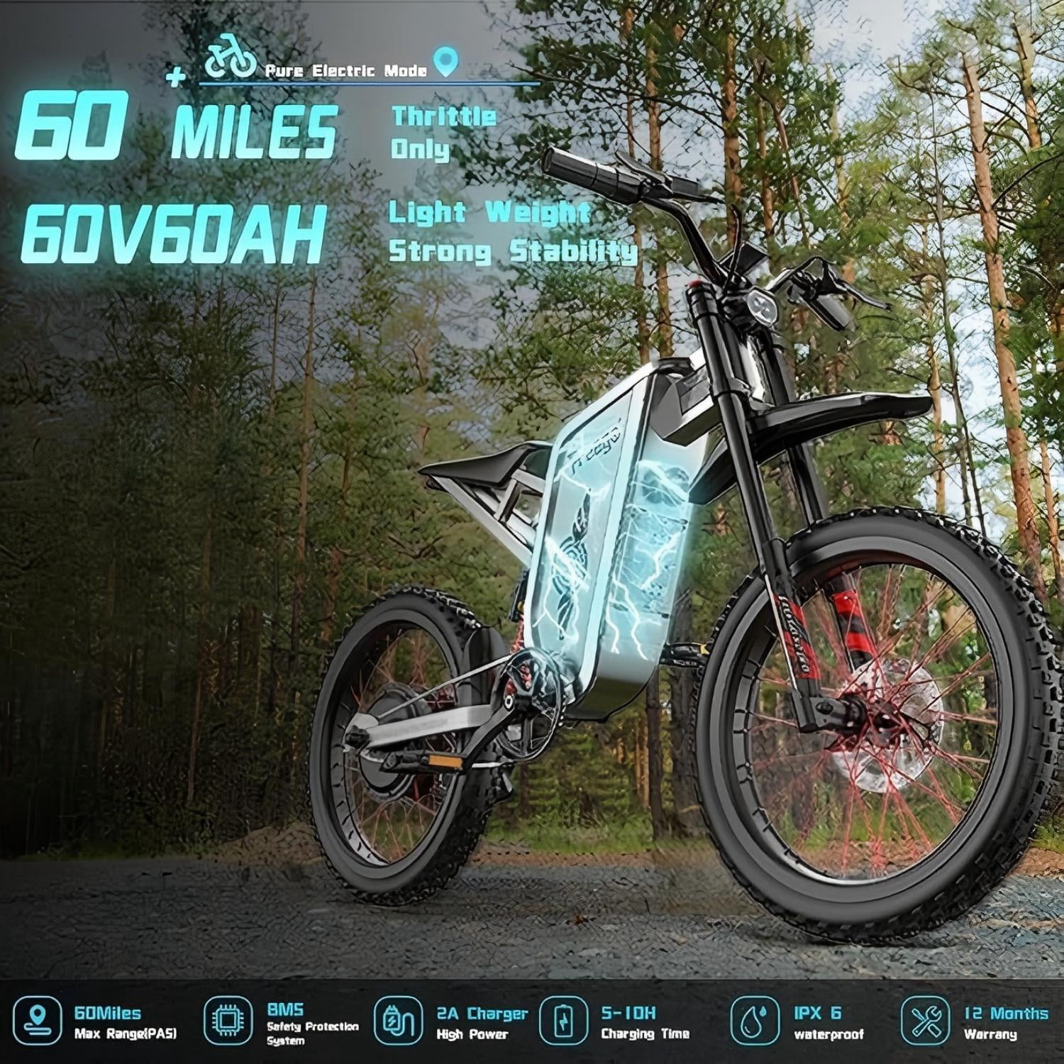 6000W(Peak) Motor Freego X2 Pro Electric Motorcycle Electric Dirt Bike for Adults, 60V30AH Battery,50MPH Electric Bicycle,19x2 Tire Full Suspension Hydraulic Brake Half Throttle UL2849