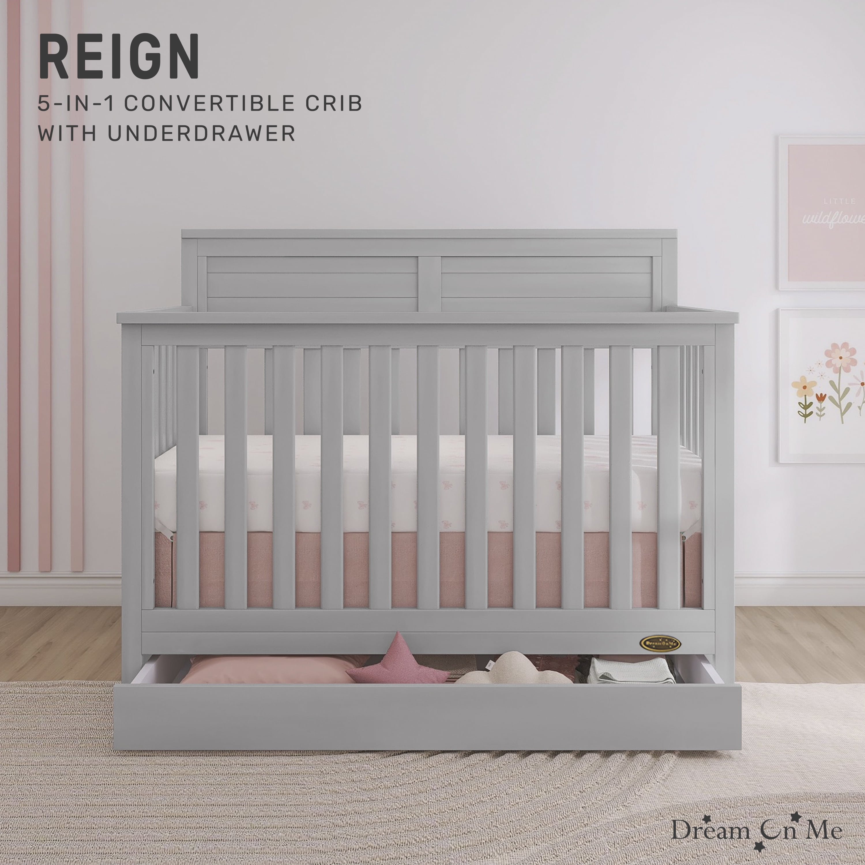 Dream On Me Reign 5 in 1 Convertible Crib with Under Drawer in Pebble Gray