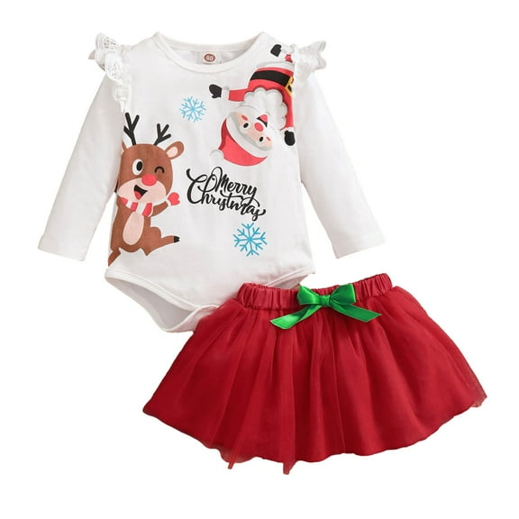Odeerbi 2025 Infant Girl Christmas Dress Cute Baby Girl Clothes Cute Little Elk Santa Claus Printed Romper Red Mesh Skirt Two-piece Suit