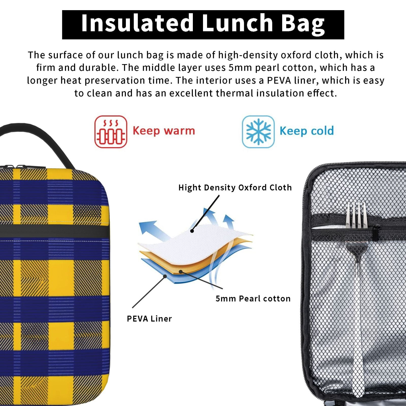 Lunch Bag For Women Men Insulated Portable Lunch Box Bento Box Office Picnic Travel Cooler Bag Buffalo Plaid Check Yellow Royal Blue
