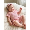 thumbnail image 6 of BemeyourBBs Newborn Baby Girls Little Sister Outfit Waffle Knit Ruffle Romper Little Sis Letter Embroidery Short Sleeve Infant Bodysuit Jumpsuit Headband Cute Baby Girl Summer Clothes, 6 of 9