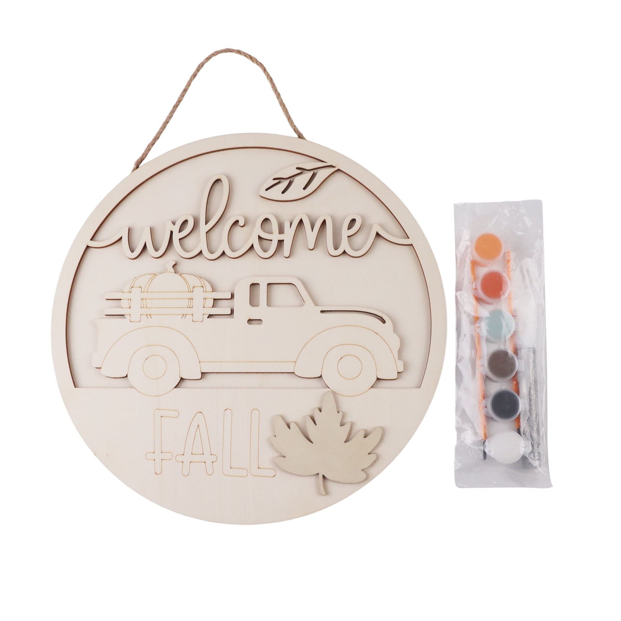 Front Door Hanging Decor, Wooden Welcome Fall Crafting Decor with Paint Kit, 11.8 x 11.8 Inches
