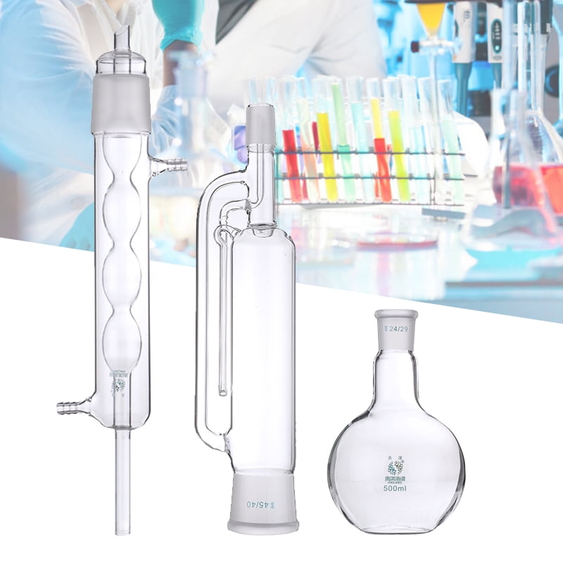 500ML Lab Glass Soxhlet Extractor Condenser Set w/ Flat Bottom Flask 24 ...