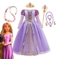 thumbnail image 2 of Vestido de princesa Rapunzel para niña, disfraz de Enredados para Halloween, regalos de fiesta de cumpleaños, ropa con lazo de malla y lentejuelas moradas, 2 of 5