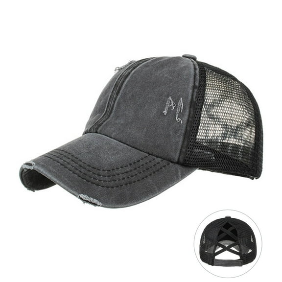Fgnfyis Distressed Baseball Cap Unstructured Adjustable Snapback Washed Denim Ponytail Hat with Breathable Mesh Black One Size