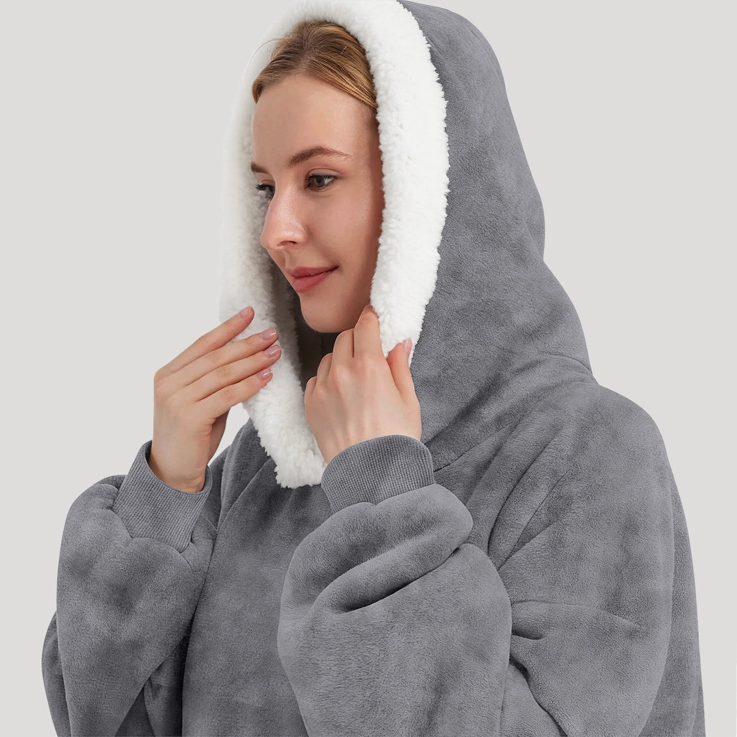 Fantaslook Oversized Wearable Blanket Hoodie, Long Flannel Sherpa Fleece Blanket Hoodie Sweatshirt for Adults Women Men, Plush Blanket with Hood, Pocket & Sleeves