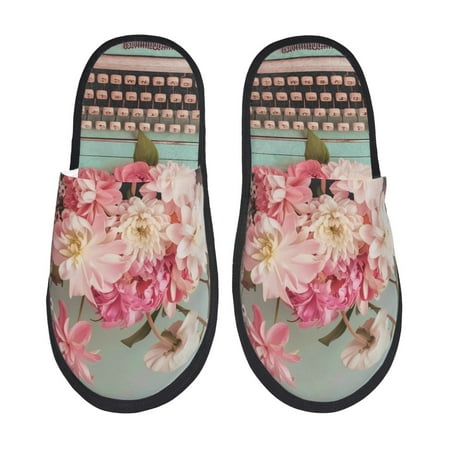 Balery Vintage Typewriter Floral Slient Indoor Furry Fleece Comfort House Shoes Soft Non-Slip Home Shoes Cotton slippers House Slippers-- Medium