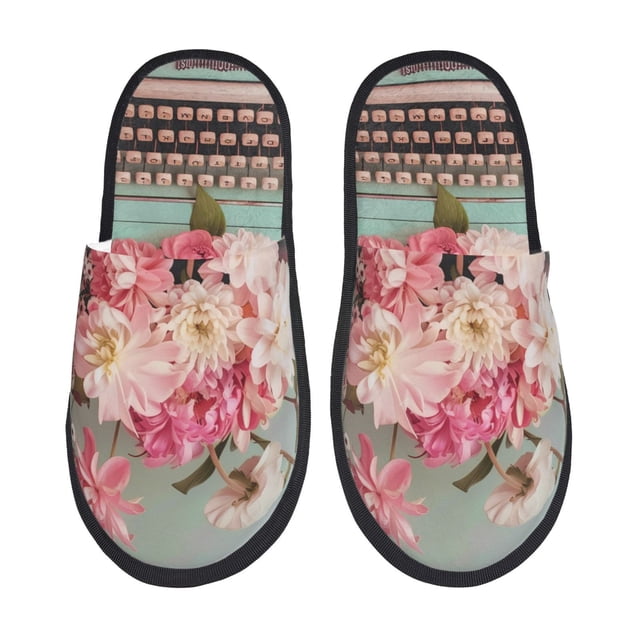 Balery Vintage Typewriter Floral Pantuflas de Casa de Felpa Silenciosas con Diseño Estampado, Zapatillas Cómodas Antideslizantes de Algodón para Interior-Medium
