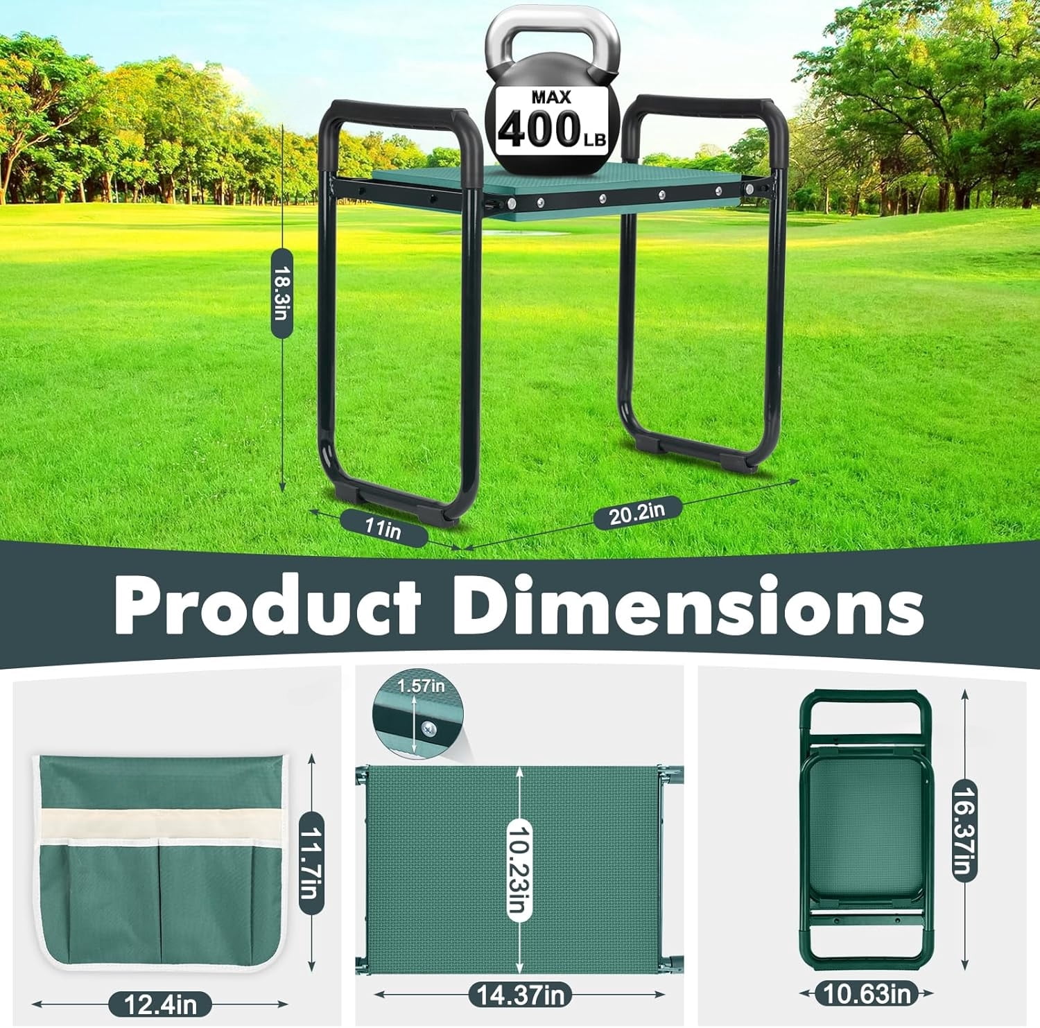 Heavy Duty Gardening Bench Chair with 2 Tool Pouches, Garden Kneeler and Seat, Upgraded Foldable Gardening Stool with 10.23" Wide Kneeling Pad, Gardening Gifts for Seniors Mom Women Men