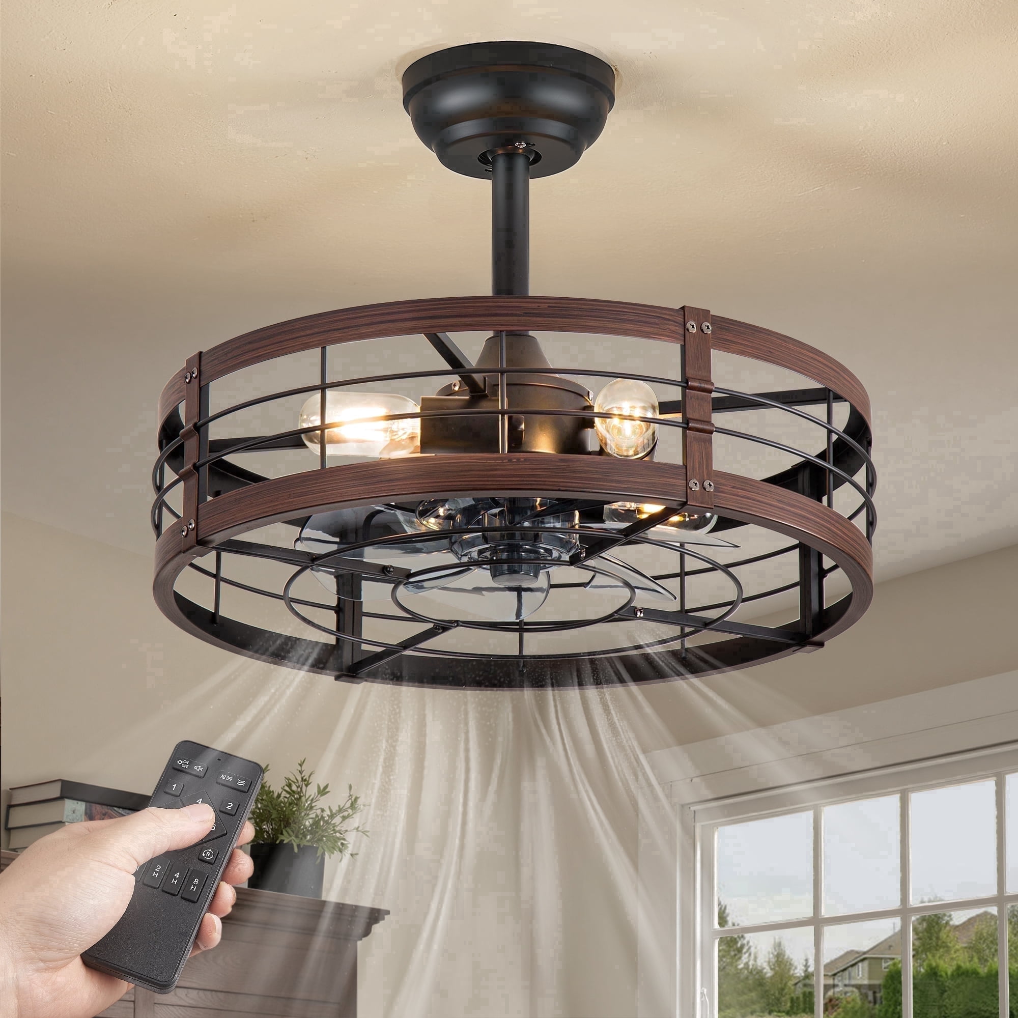 Zardon 20" Walnut Farmhouse Caged Ceiling Fan with LED Light and Remote, Reversible & Quiet DC Motor, 6 Speeds for Indoor