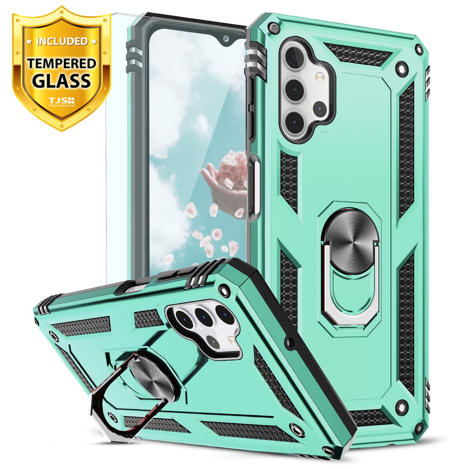 TJS for Samsung Galaxy A32 5G Phone Case, with Tempered Glass Screen Protector Impact Resistant Metal Ring Magnetic Support Armor Heavy Duty Protector Cover (Teal)