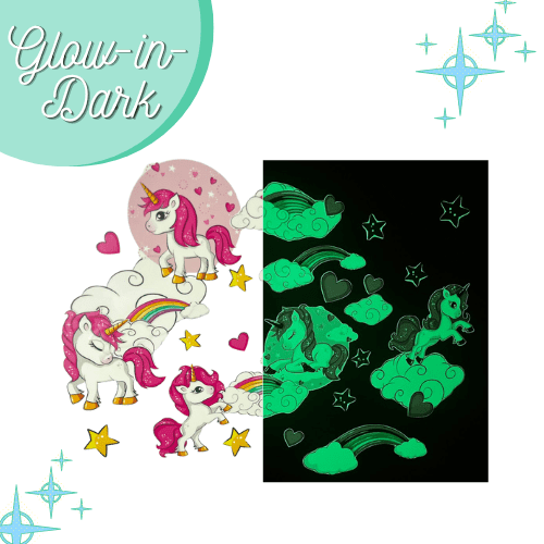 Glow in The Dark Unicorn Wall Decals(Teal) - Quality Peel and Stick Vinyl Stickers - Wall Decor for Kids & Classroom – Set of 96 Glowing Unicorns, Rainbows, Hearts, & Stars