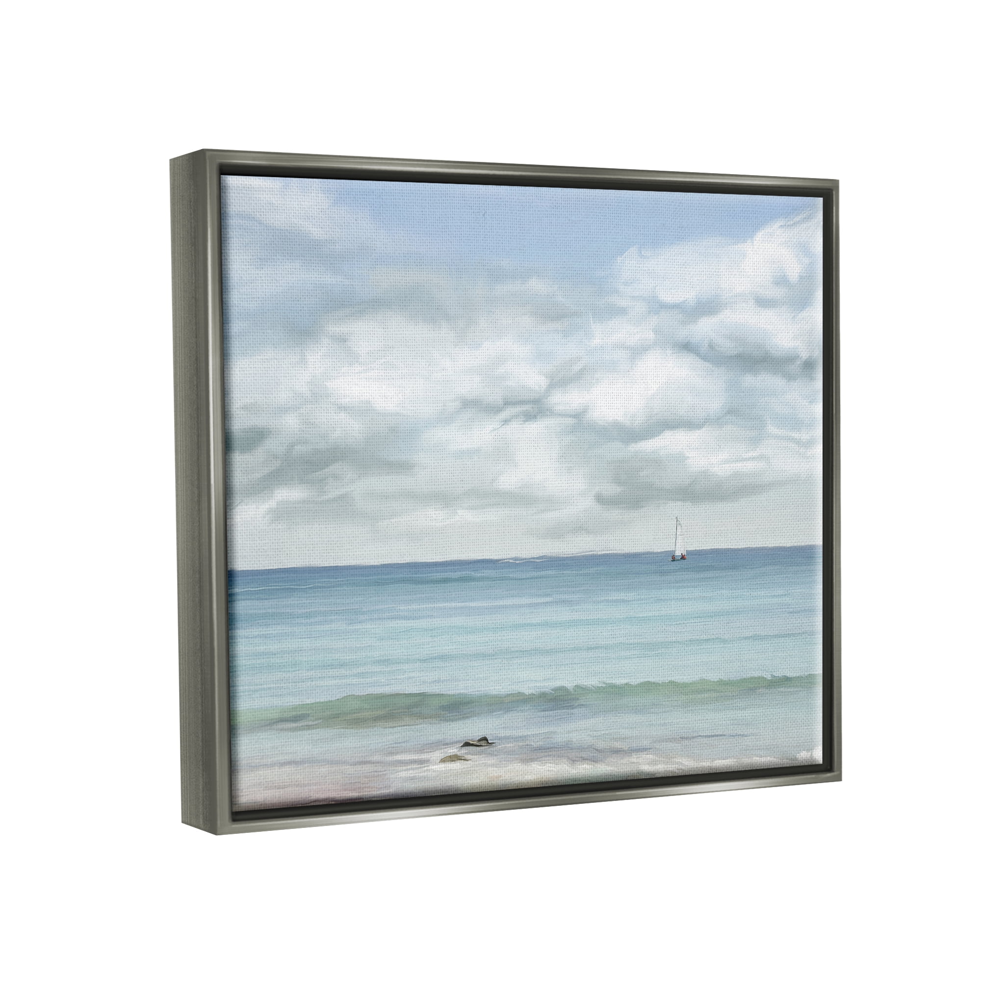 Stupell Industries Distant Sailboat Cloudy Shore Landscape Painting Gray Floater Framed Canvas Art Print Wall Art, 31 x 25