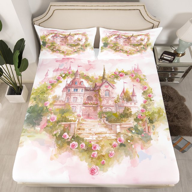 Castle Print Bed Sheets 2 Pcs Pink Castle Decor Fitted Sheet for Girls Kids Romantic Themed Bed Set Princess Themed Decor Bedding Set Nature Rustic Floral Bedding Twin Size